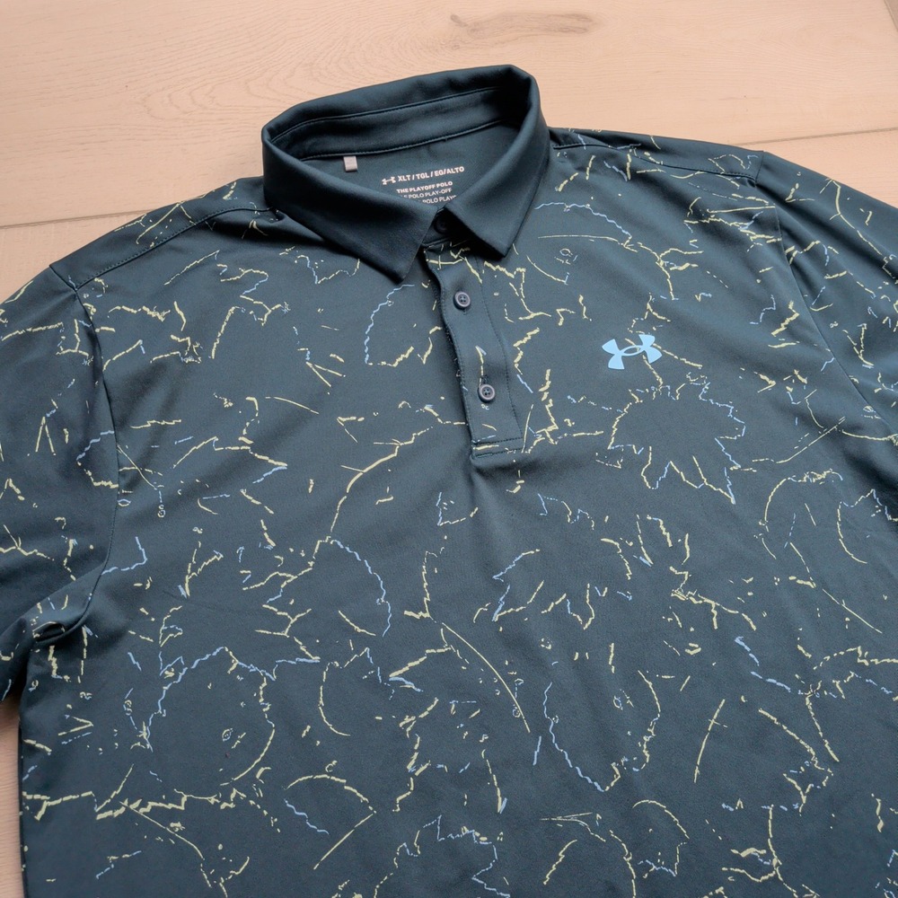 Under Armour Playoff Polo Shirt Mens XLT Tall Green Abstract Leaf Print Loose